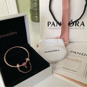 PANDORA Pink Crystal Dangling Heart Bracelet and Safety Chain Clip Charm